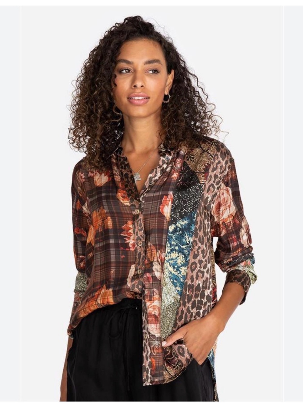 Johnny was workshop  “octave” floral- animal print button down top - sz med
